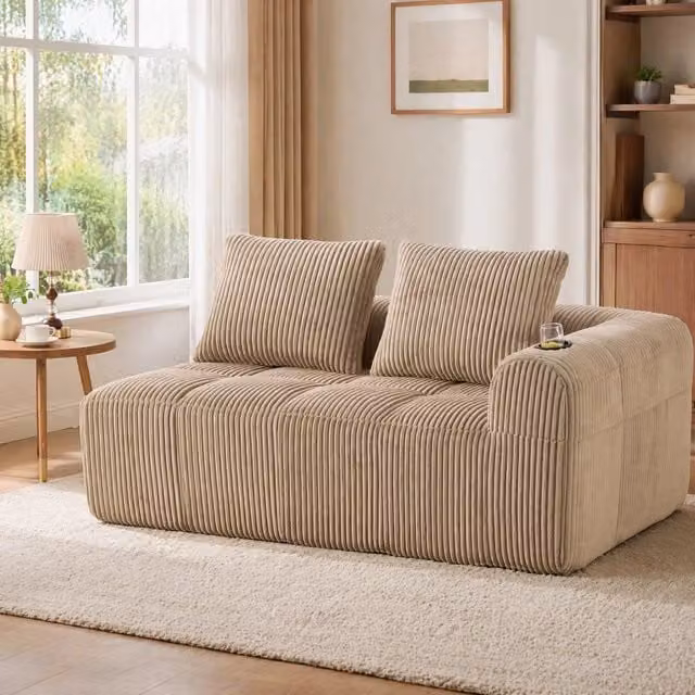 Divano compatto con tasche laterali e portabicchieri; 158 x 93 x 61 cm; velluto a coste kaki