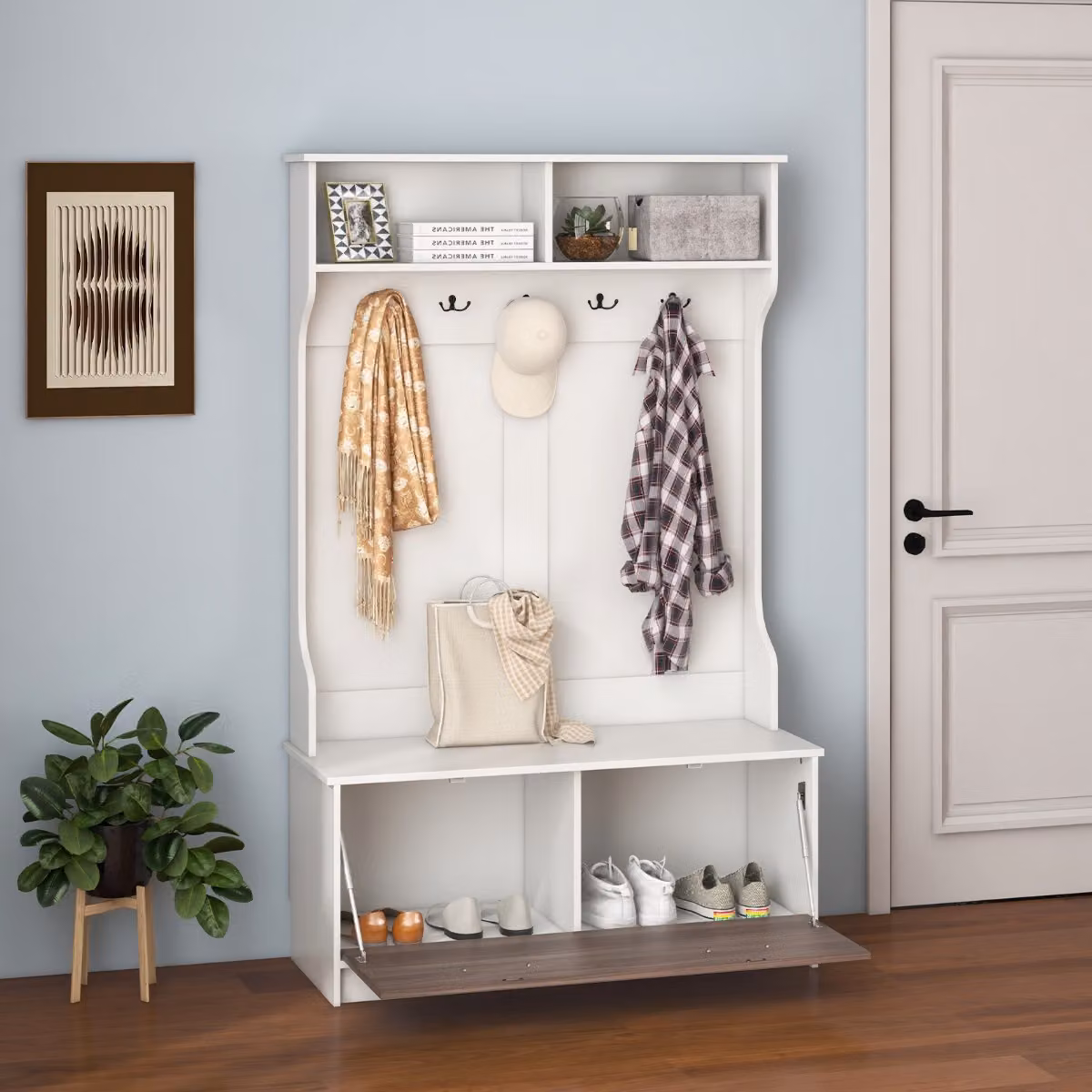 Costway Armadio con Appendiabiti Multifunzionale e Panca con 5 Ganci Doppi, Organizzatore per Ingresso o Camera da Letto, L 100 cm x P 39 cm x H 160 cm, Bianco – 3