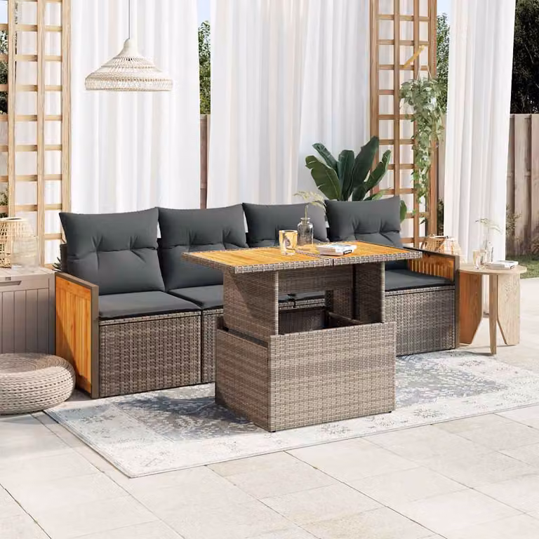 Set Divano da Giardino a L vidaXL in Polyrattan e Legno di Acacia Grigio con Cuscini e Tavolino