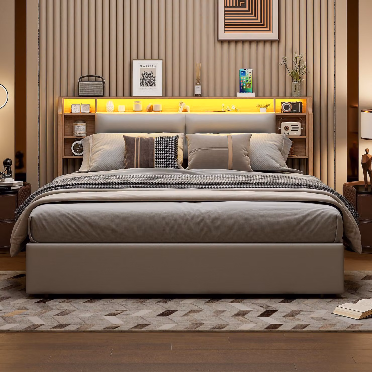 ProximaX Letto moderno imbottito inPoliuretano140x200 cm, bianco, con sospensione a pressione di gas, testata con 3 vani portaoggetti, contenitore per il box letto