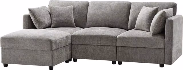 Divano angolare a L con pouf, trasformabile in divano 3 posti, in tessuto chenille grigio, con 4 cuscini e braccioli regolabili, per soggiorno, ufficio e appartamento