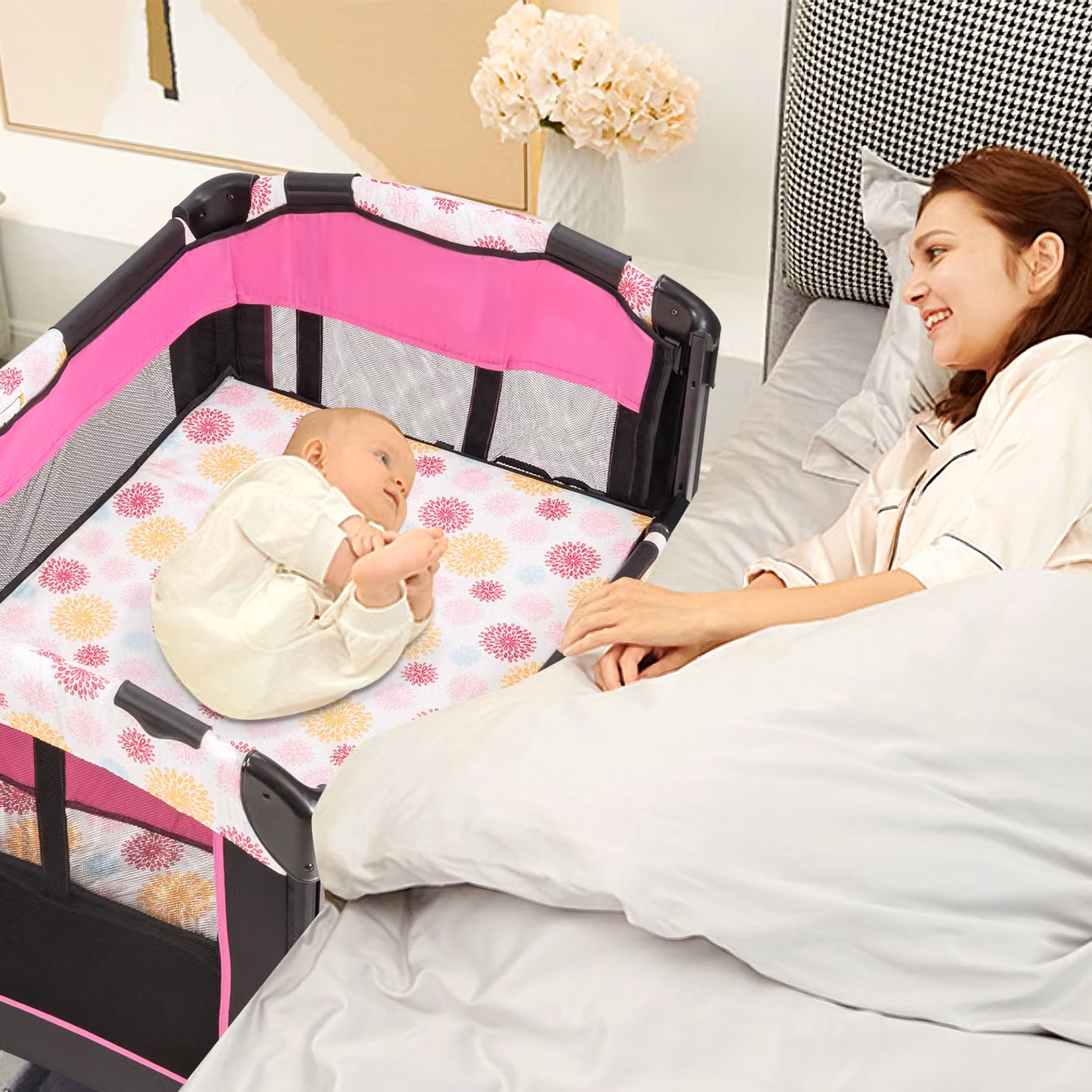 Costway Letto pieghevole portatile 3 in 1 per bambini con tasca e carillon, Rosa