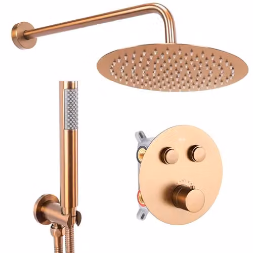 Rea - Set Doccia Da Incasso Lungo Copper Brush + Box Con Termostato Sistema Doccia In Ottone Per Bagno (Rame Spazzolato) 36,5x17x25cm