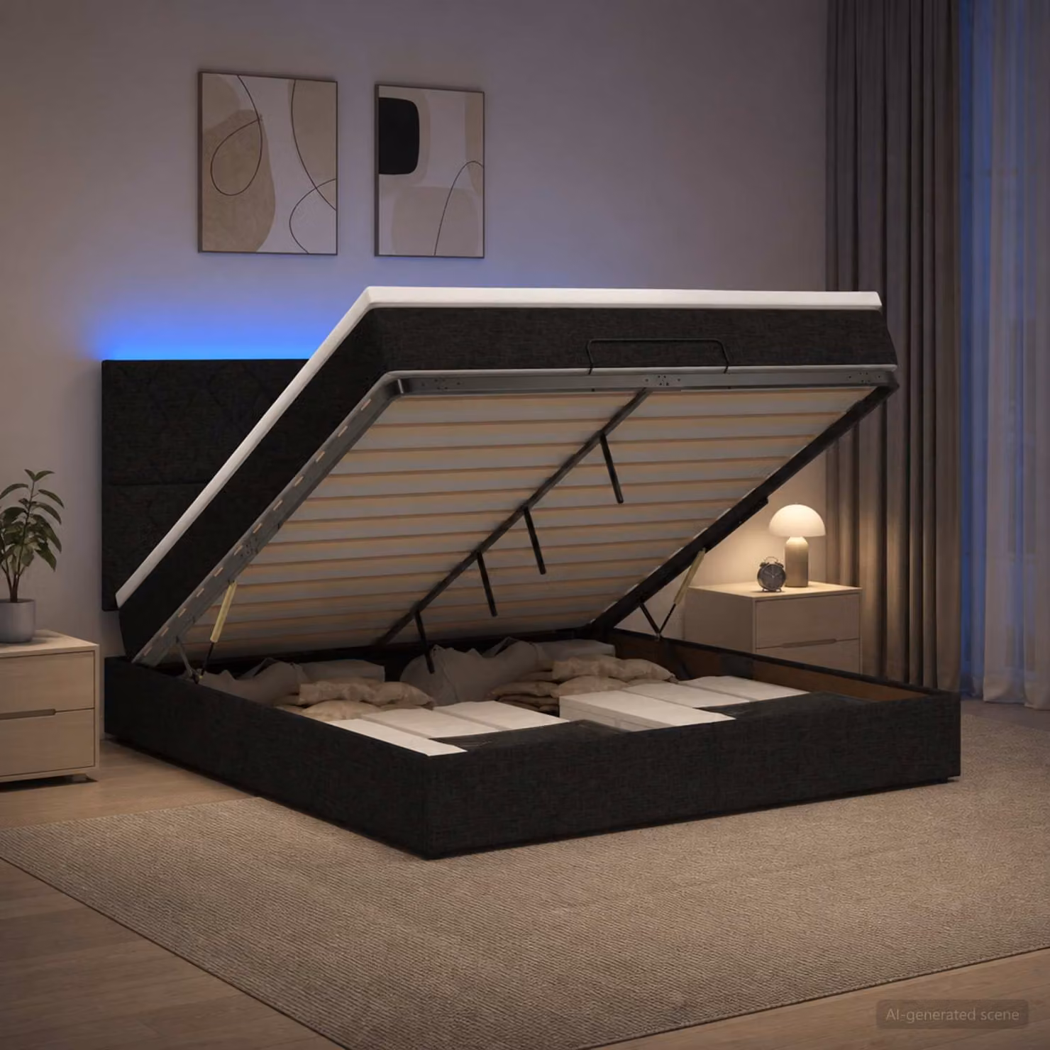 Letto Ottomano vidaXL con Materasso Ibrido e Illuminazione LED Sotto il Letto, Colore Nero e Bianco, L/P/H: 203 x 180 x 88 cm