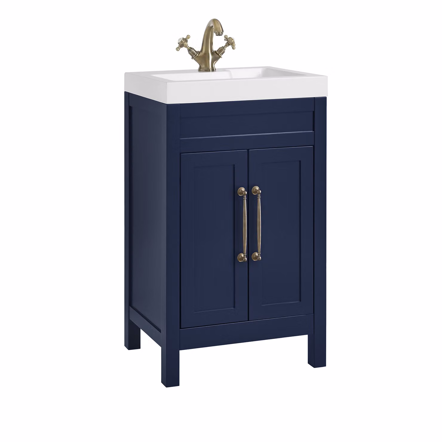 Mobile Bagno Blu Marino da 500mm con Lavabo e Maniglia Classica con Barra a T in in Ottone Spazzolato - Warwick