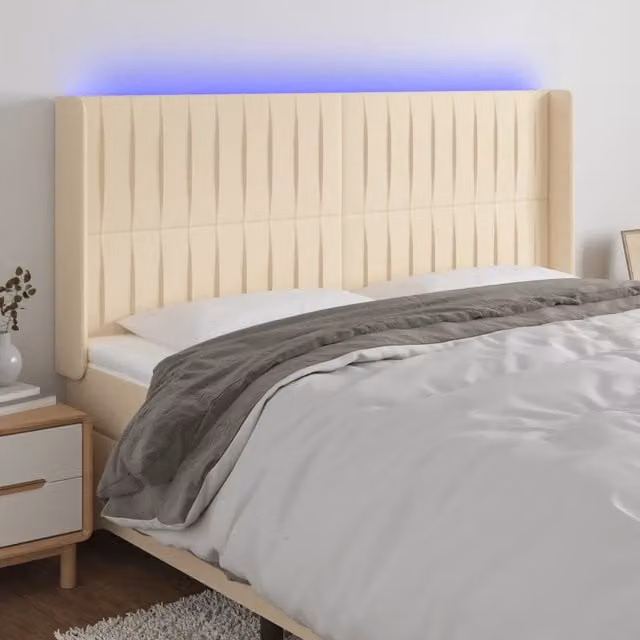 Testiera con LED e porta USB vidaXL in tessuto beige, L: 163 cm, P: 16 cm, H: 118-128 cm