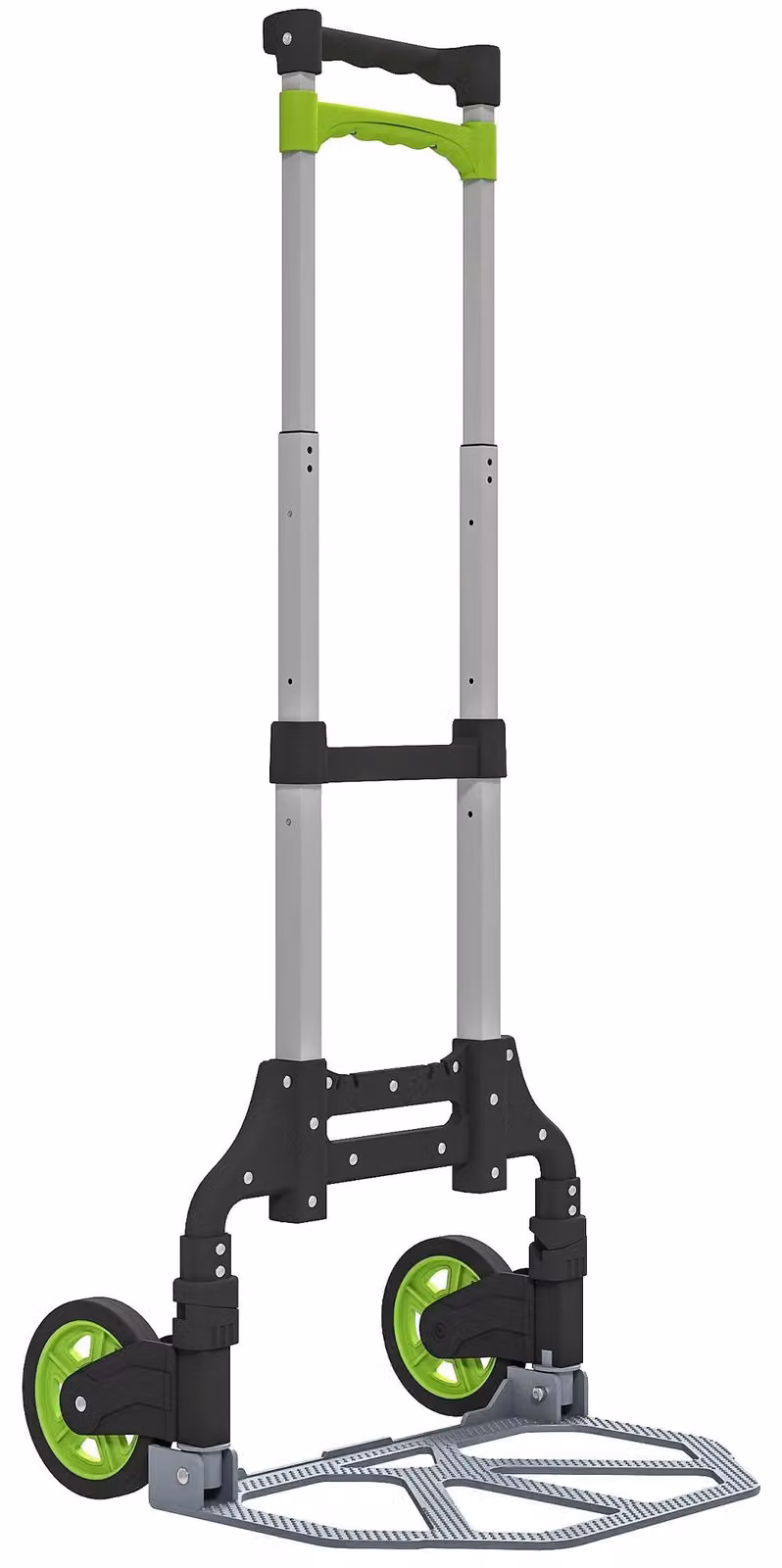 Carrello pieghevole, realizzato in alluminio leggero, con maniglia telescopica, colore nero e verde
