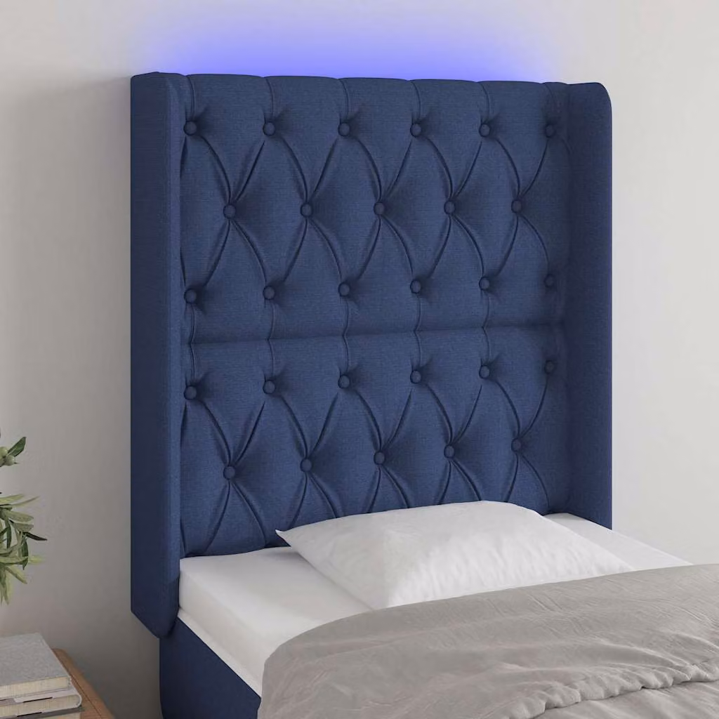 Testiera per letto con illuminazione LED e porta USB vidaXL in tessuto blu, L 83 cm, P 16 cm, H 118-128 cm