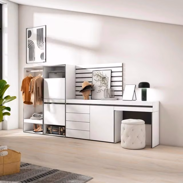 Armadio Aperto SKRAUT HOME Bianco con Ripiani e Appendiabiti per Camera da Letto o Ingresso L: 297 cm, P: 35 cm, H: 145 cm
