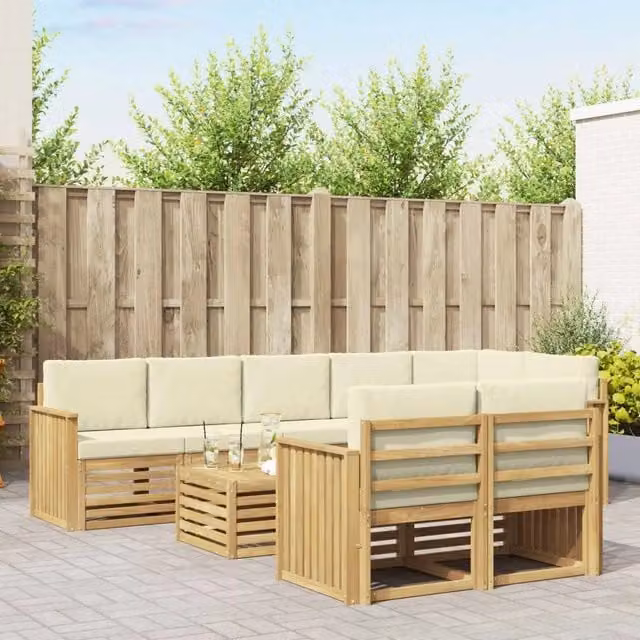 Set di divani da esterno vidaXL a forma di L composto da 9 pezzi con tavolo da caffè, in legno di acacia e tessuto resistente ai raggi UV, colore bianco e beige – 1
