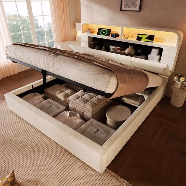 Letto 180x200cm?- Xylo - idraulico LED USB velluto beige