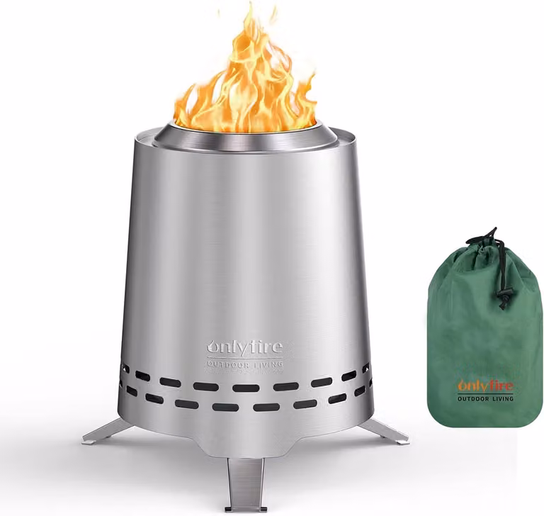 Cesta per il fuoco e contenitore per il fuoco: camino da tavolo in acciaio inossidabile, mini-focolare con supporto, borsa per il trasporto. Funziona con pellet o legno. Senza fumo. Ideale per ambienti esterni