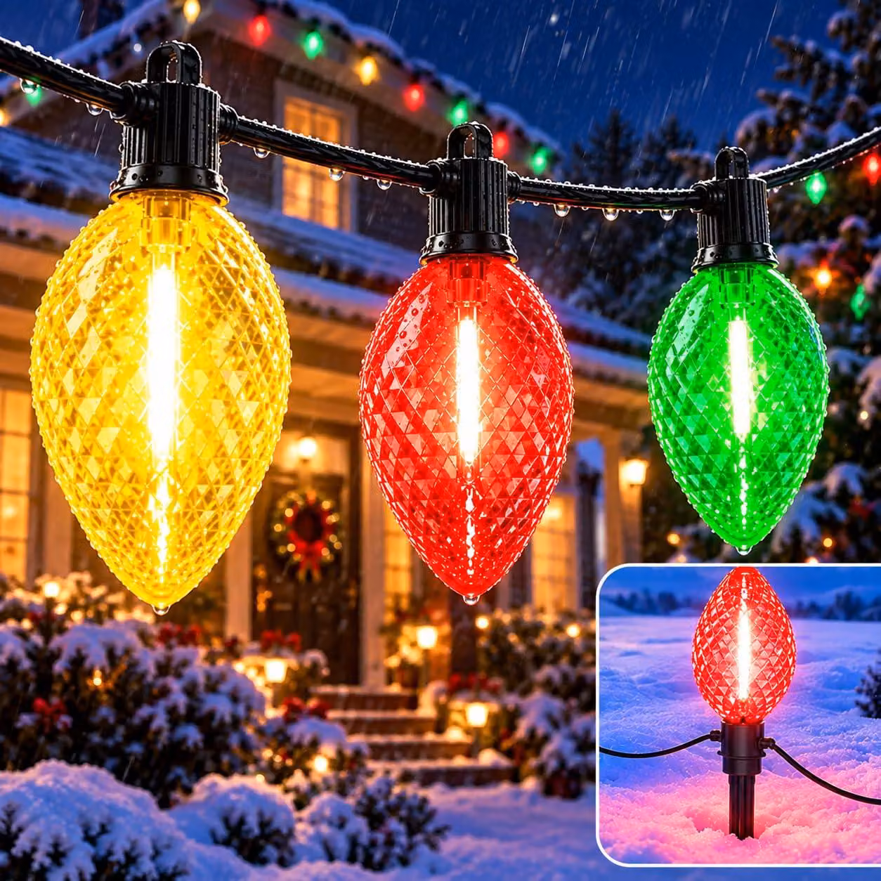 Catena luminosa da esterno C9, con 9 luci LED colorate, grado di protezione IP65, lunghezza 15,75 metri