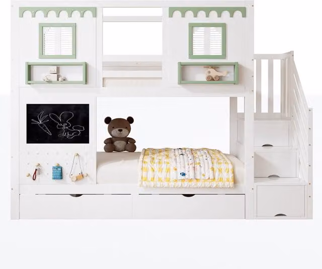 Letto a castello per bambini 90x200 cm con scale contenitore, cassetti e lavagna, bianco e verde
