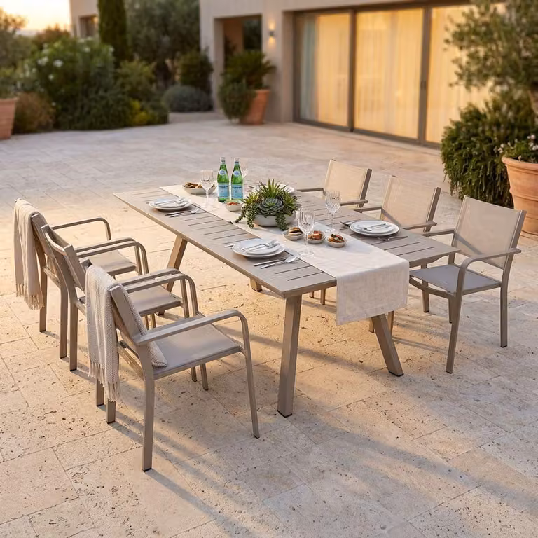 Milani Home - Set Tavolo Giardino Allungabile Rettangolare 200/300x110 Con 6 Poltrone In Alluminio Tortora Per Esterno - Tortora