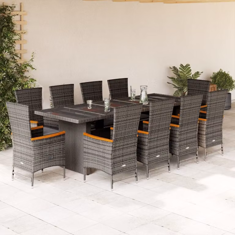 vidaXL Set da Pranzo da Giardino 11pz in Polyrattan e Legno di Acacia con Cuscini e Piano in Vetro Grigio