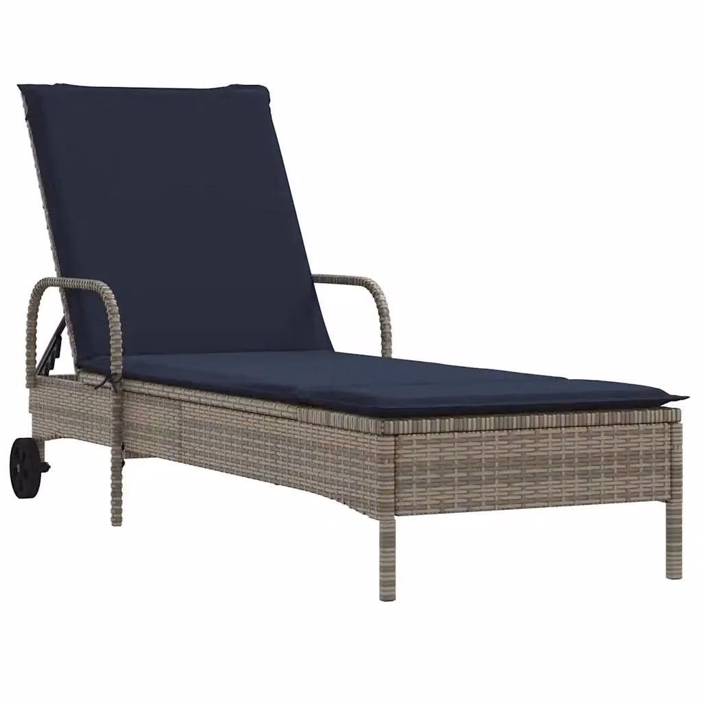 Lettino prendisole con ruote e cuscino in polyrattan grigio e blu vidaXL – 2