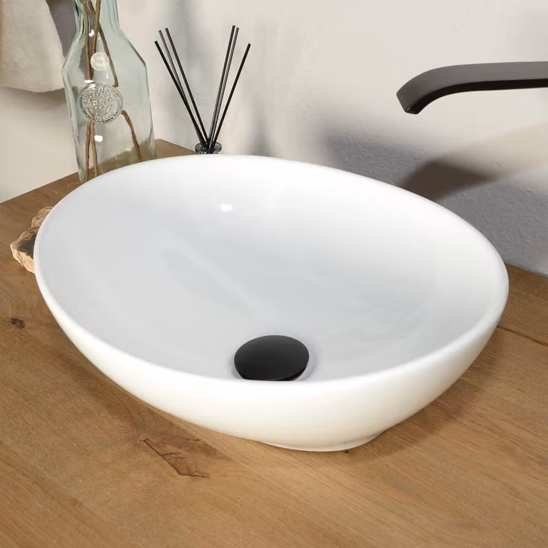Lavabo in Vetroceramica - Forma ovale moderna, 41 cm, colore bianco