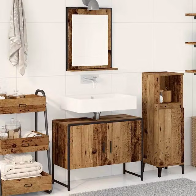 Set di mobili per il bagno moderno vidaXL composto da mobile sottolavabo e armadietto con specchio in legno e vetro, colore marrone e nero