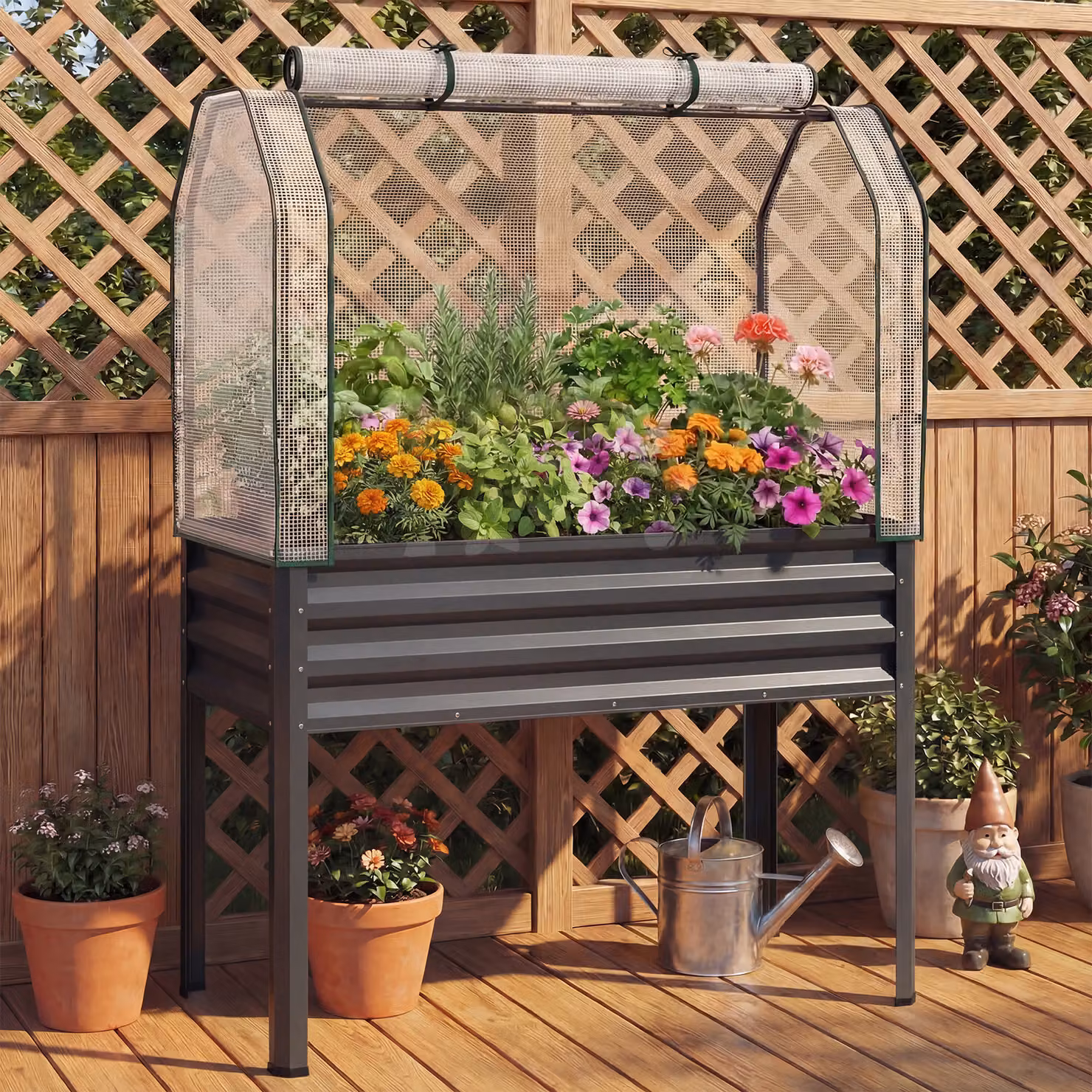 Fioriera rialzata da esterno Costway in metallo con copertura in PE e porta avvolgibile, L: 152 cm, P: 112 cm, H: 55 cm, Grigio