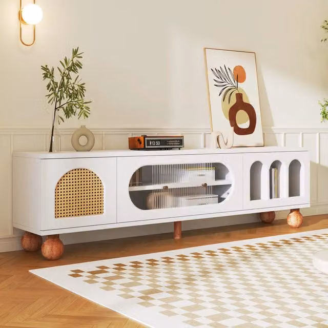 Mobile TV Mivray moderno con ante effetto rattan, vetrine ad arco e anta scorrevole in vetro, bianco e beige, L/P/H: 170 x 47 x 37 cm