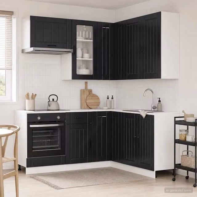 Unità Cucina Minimalista vidaXL Nero con Ante in Vetro, 8 Pezzi in MDF