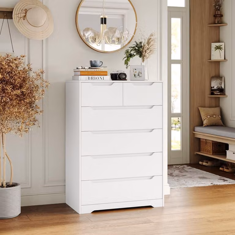 Comodino bianco con 6 cassetti, mobile contenitore alto, dimensioni 110,5 x 70 x 40 cm