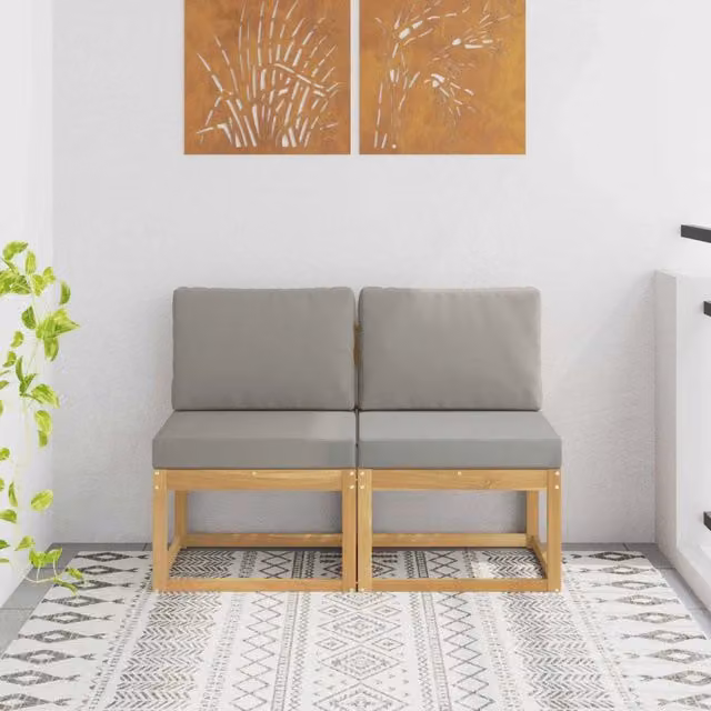 Set di 2 Divani Modulari Centrali da Esterno in Legno di Acacia Massello con Cuscini Bianchi e Grigi