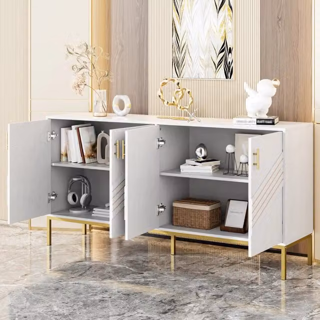Credenza e madia 4 ante con ripiani regolabili e maniglie dorate, per soggiorno, MDF bianco, 160 × 40 × 80.5 cm
