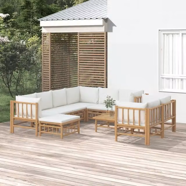 Set Salotto da Giardino vidaXL in Bambu con 10 Pezzi, Divano Angolare, Tavolino e Pouf, Colore Bianco e Beige – 1