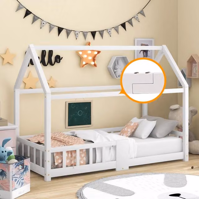 Letto a casetta Mivray per bambini in stile scandinavo con 15 doghe e sponde anticaduta, colore bianco, L/P/H: 200 x 90 x 120 cm