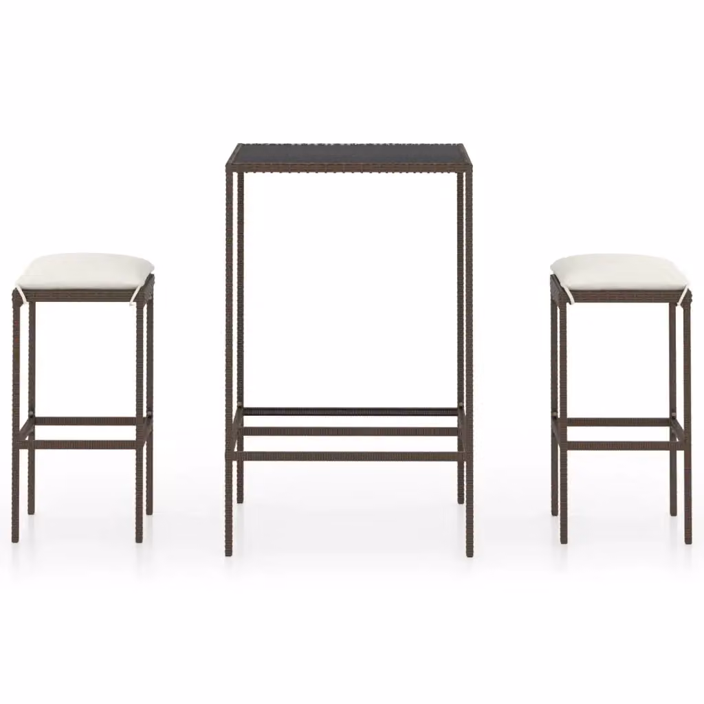 Set Bar da Giardino vidaXL in Polyrattan Marrone e Bianco con Piano in Vetro e Cuscini – 2