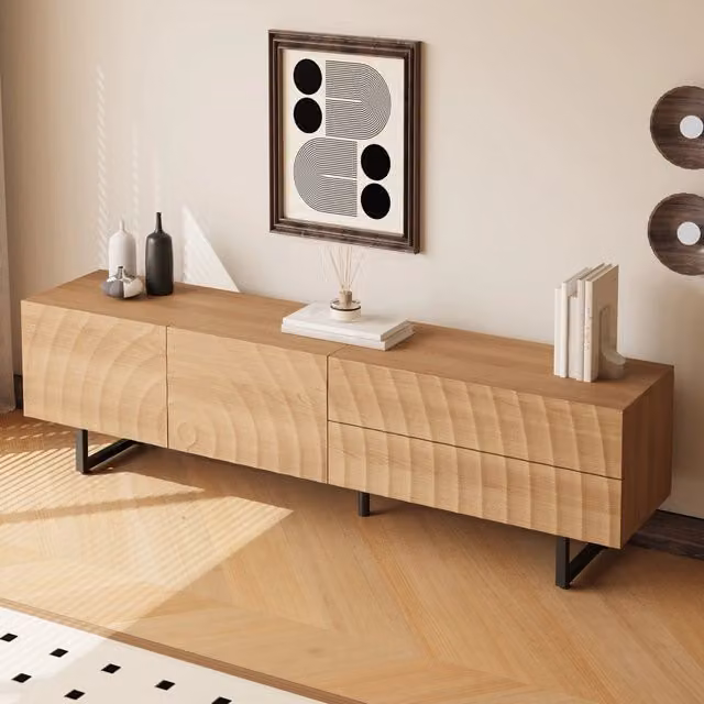 Mobile TV REDOM in stile scandinavo in legno ingegnerizzato naturale con ante e cassetti, L: 180 cm, P: 38 cm, H: 51,5 cm – 1