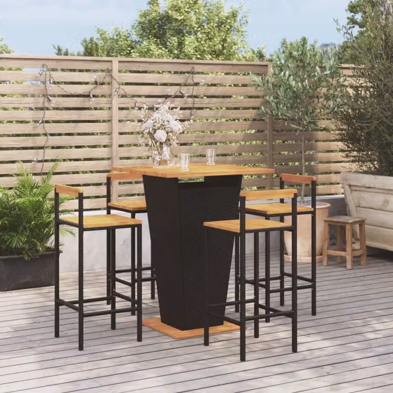 The Living Store Set bar da giardino 5 pezzi in poly rattan nero e legno massiccio di acacia