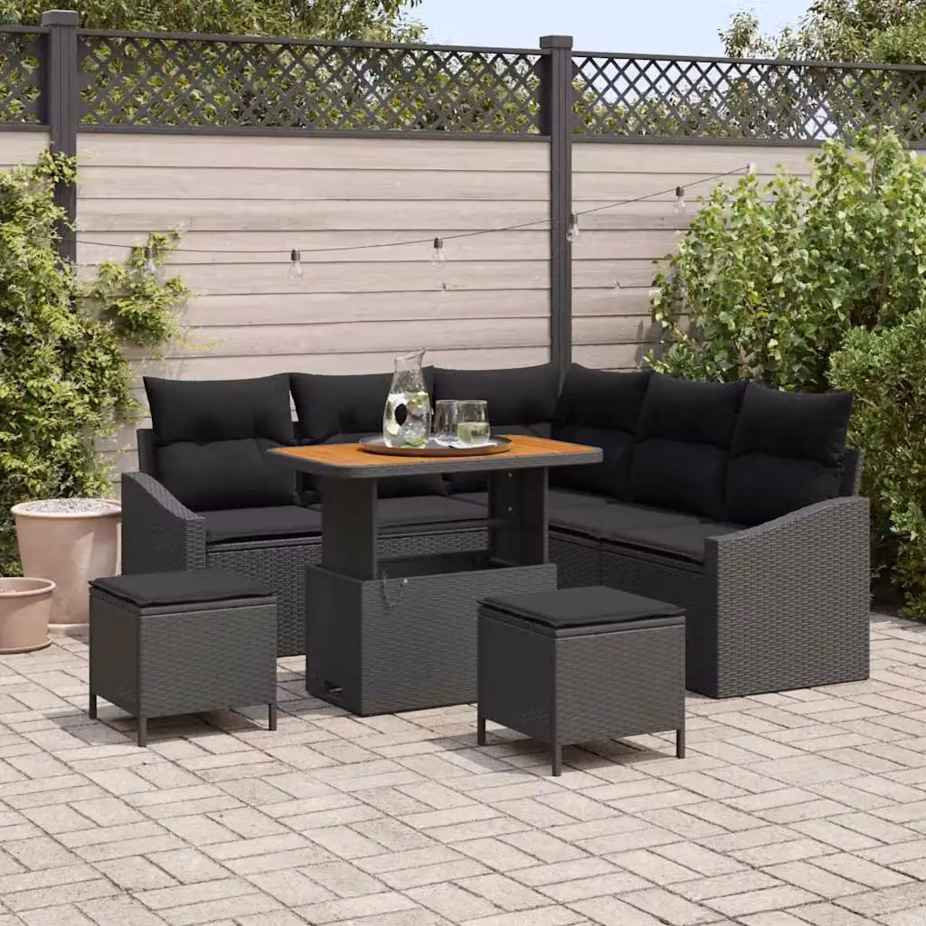 Set Divano da Giardino vidaXL 8 pz in Polyrattan Nero con Cuscini e Tavolino da Esterno – 1
