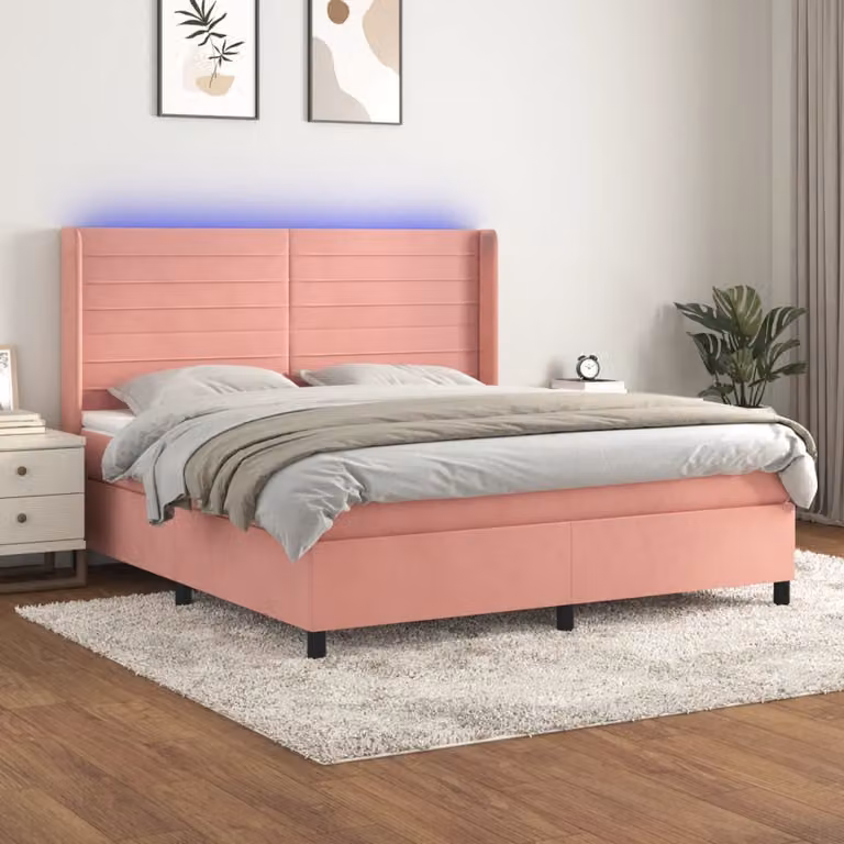 Letto Ibrido con Materasso e Illuminazione LED vidaXL in Velluto Rosa, L/P: 160 x 200 cm