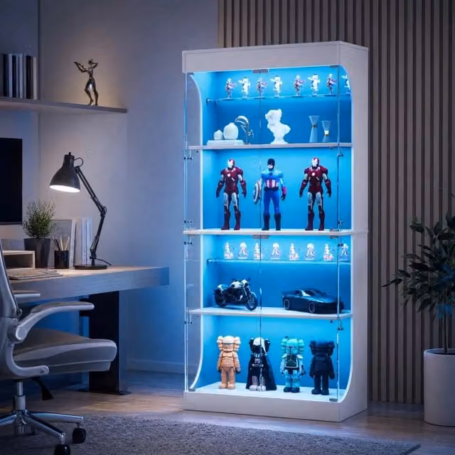 Vetrina moderna MIVRAY bianca con ante in vetro, illuminazione LED integrata e sensore di movimento, L: 80 cm, P: 35 cm, H: 165 cm