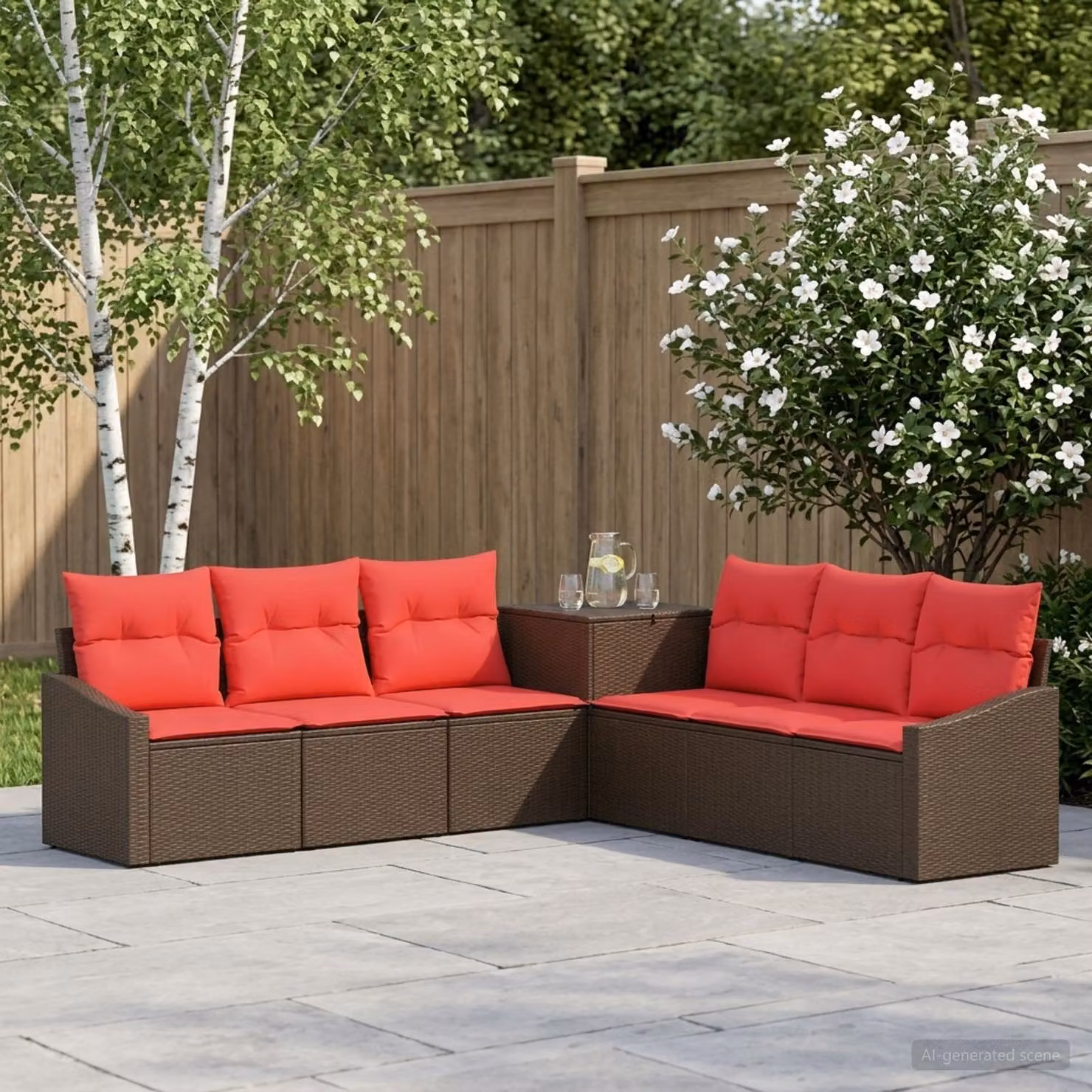 Set di divani da giardino vidaXL a forma di L composto da 7 pezzi in rattan sintetico e acciaio, colore marrone e rosso con cuscini inclusi