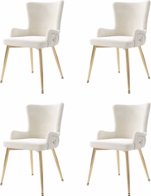 Set di 4 Sedie da Pranzo in Velluto Beige con Gambe in Metallo Dorato
