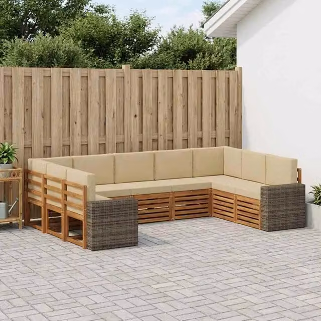 Set di divani da esterno a L vidaXL in legno di acacia con cuscini beige e sabbia