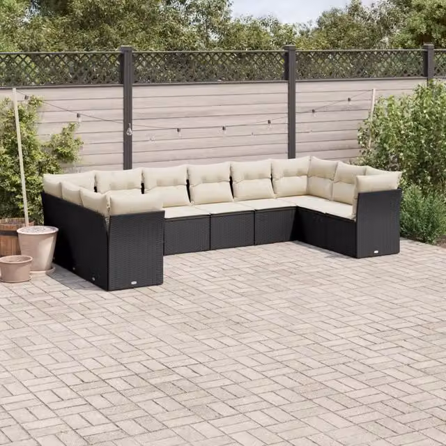Set Divani da Giardino 10pz con Cuscini in Polyrattan Nero 3218196