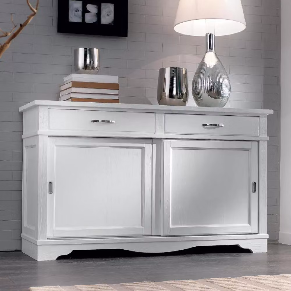 Madia credenza moderna Mobili 2G in legno massello con 2 ante scorrevoli e 2 cassetti bianco L: 160 cm, P: 50 cm, H: 95 cm – 2