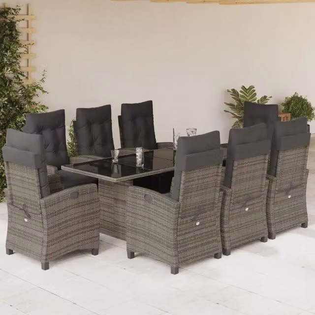 Set da pranzo da giardino vidaXL in polyrattan grigio con tavolo in vetro e 9 pezzi – 1