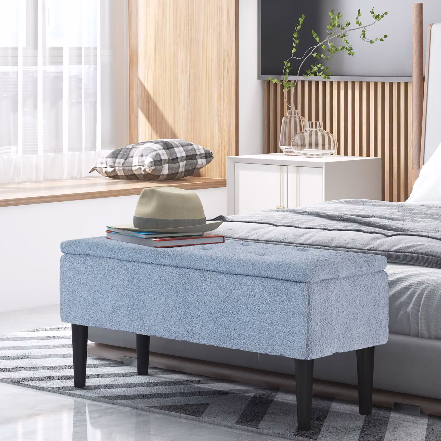 Panca imbottita con contenitore HOMCOM in effetto cashmere blu con struttura in legno naturale, L: 95 cm, P: 38 cm, H: 45 cm – 2