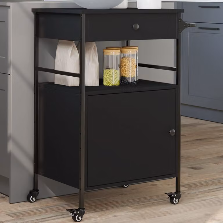 vidaXL Carrello da Cucina Moderno Nero in Legno e Metallo L: 56 cm, P: 43 cm, H: 89,5 cm