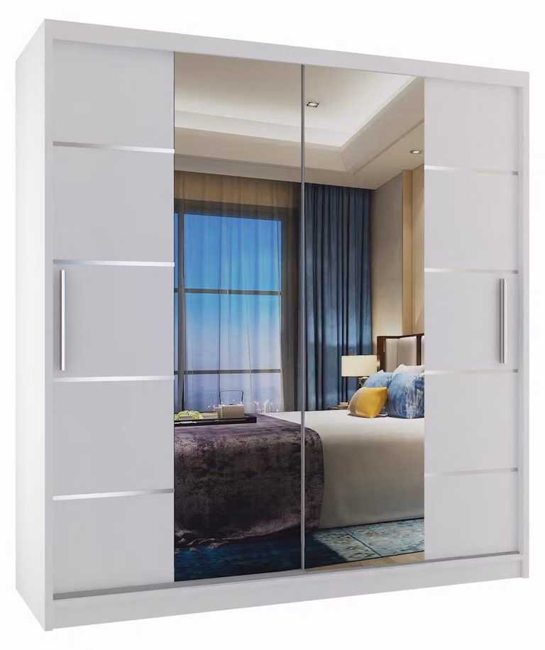 BELINI Verona, armadio scorrevole da 158 cm, bianco opaco - armadio con specchio e 2 cassetti, ideale per la camera da letto
