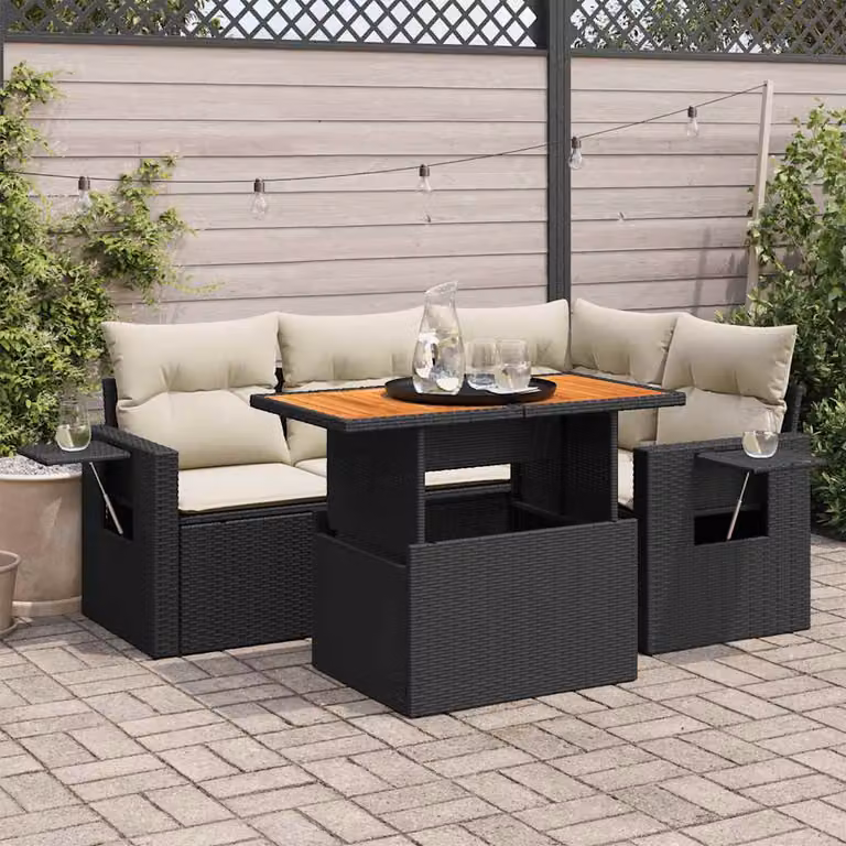 Set Divani da Giardino vidaXL 5 pz in Polyrattan con Cuscini e Tavolino, Design Moderno a L, Nero e Bianco