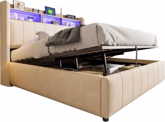 Letto contenitore matrimoniale in lino beige con illuminazione LED, porte USB e Type-C e mensola integrata, L/P: 160 x 200 cm – 1