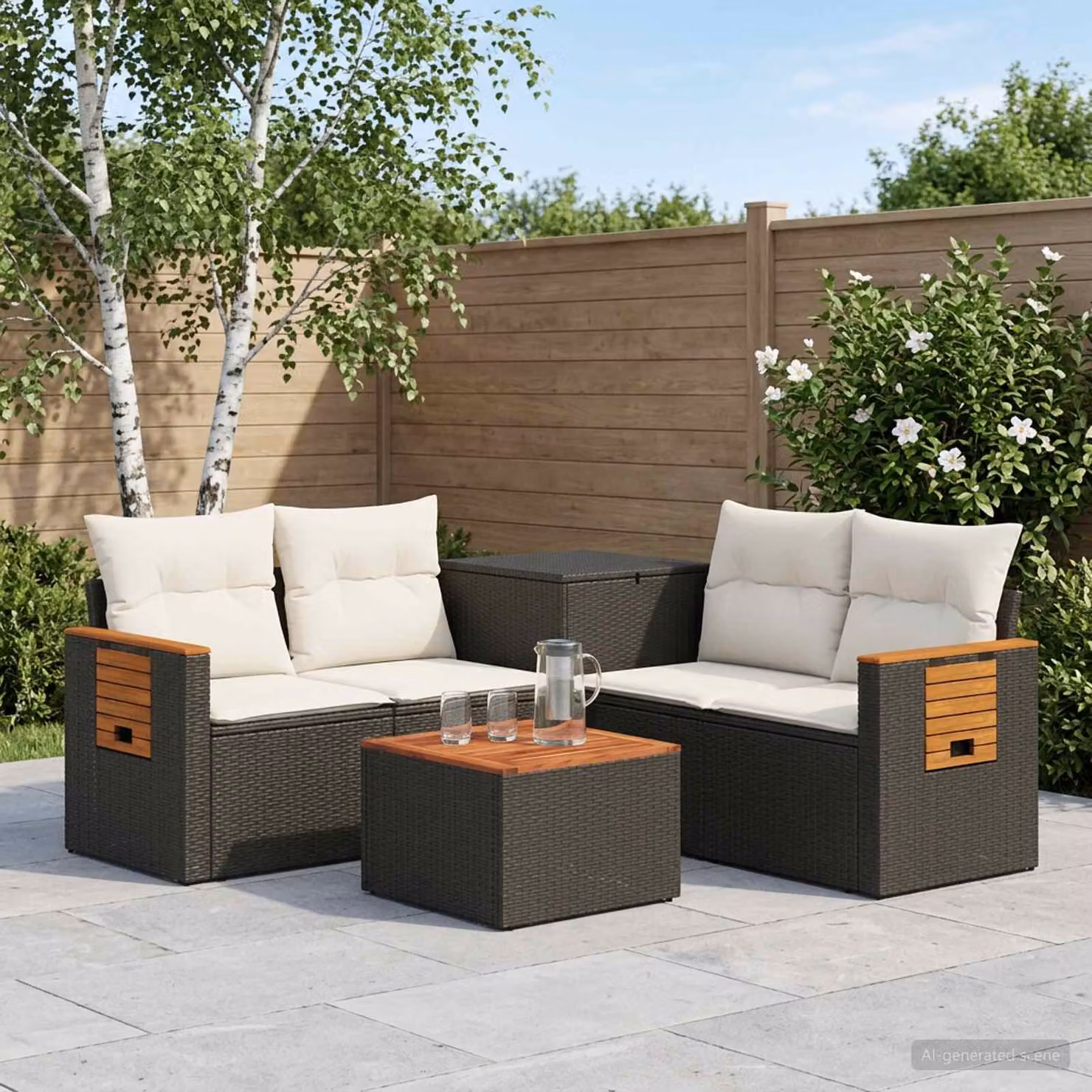 Set di divani da giardino vidaXL in polyrattan nero e bianco con cuscini e tavolino da caffè coordinato