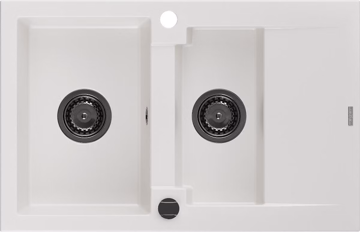 Mexen Gaspar lavello in granito 1,5 vasche con scolapiatti 737 x 475 mm, bianco, sifone nero - 6507731505-20-B